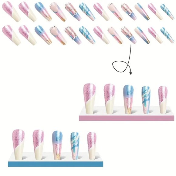 24PCS Press On Nails Long Fake Nails Coffin Full Cover, Shining Colorful - Picture 3 of 8